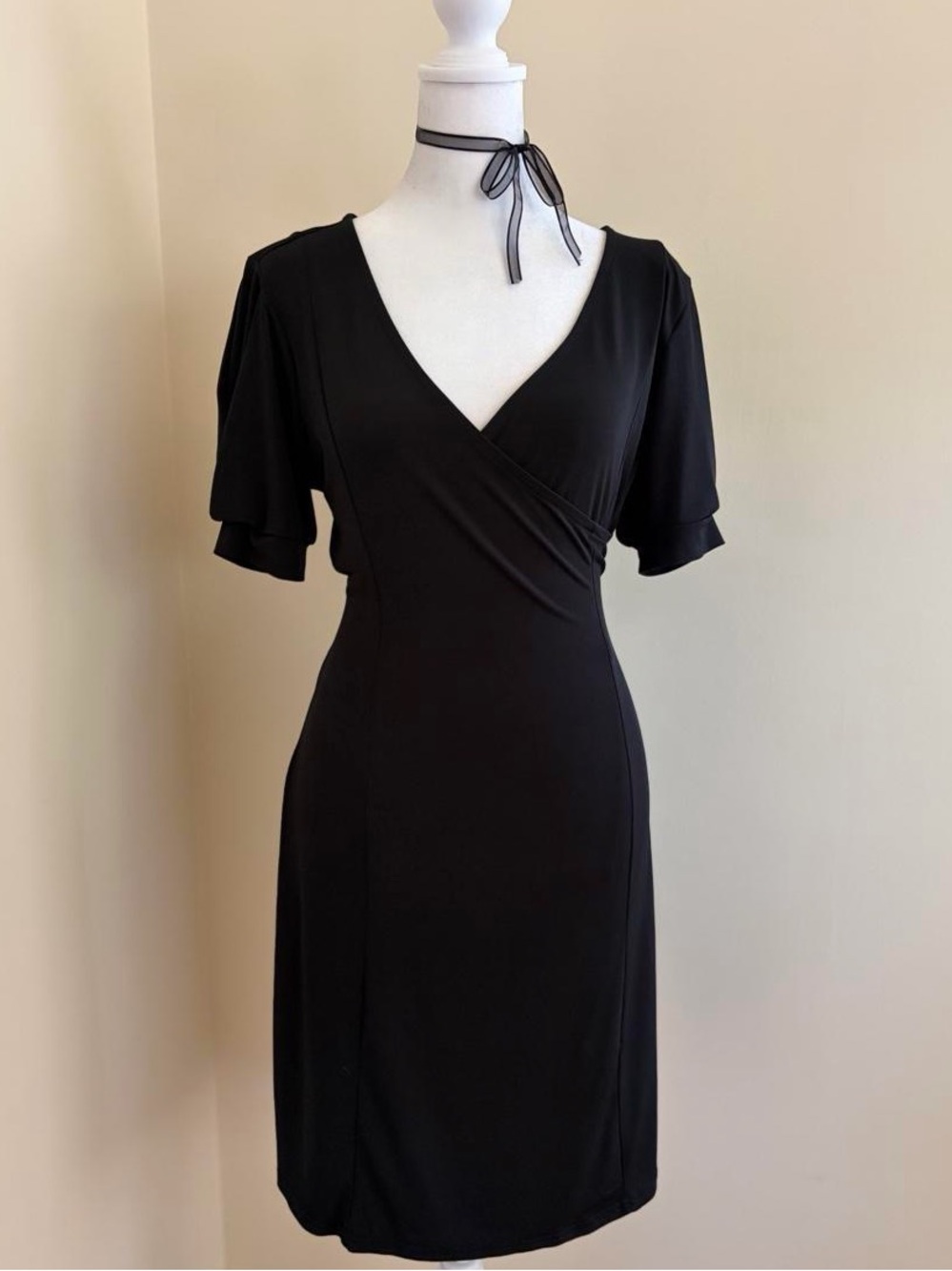 Vintage 90s Y2K black babydoll gathered puff sleeve wrap midi dress goth lolita